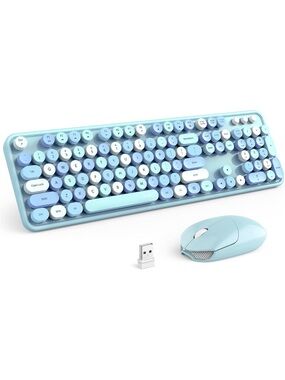 Blue Retro Style Wireless Keyboard and Mouse Combo - Light Blue
